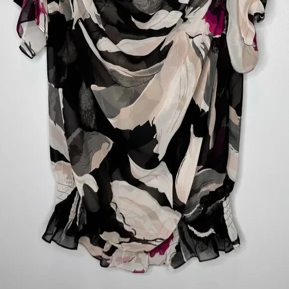 Ted Baker Blouse Size 8 Floral Chiffon Pullover Ruffle Sleeves Cowl Neck Top - Picture 4 of 10